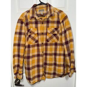 Duluth Trading Co Mens Large Yellow Burgundy Plaid Flannel Button Up Shirt